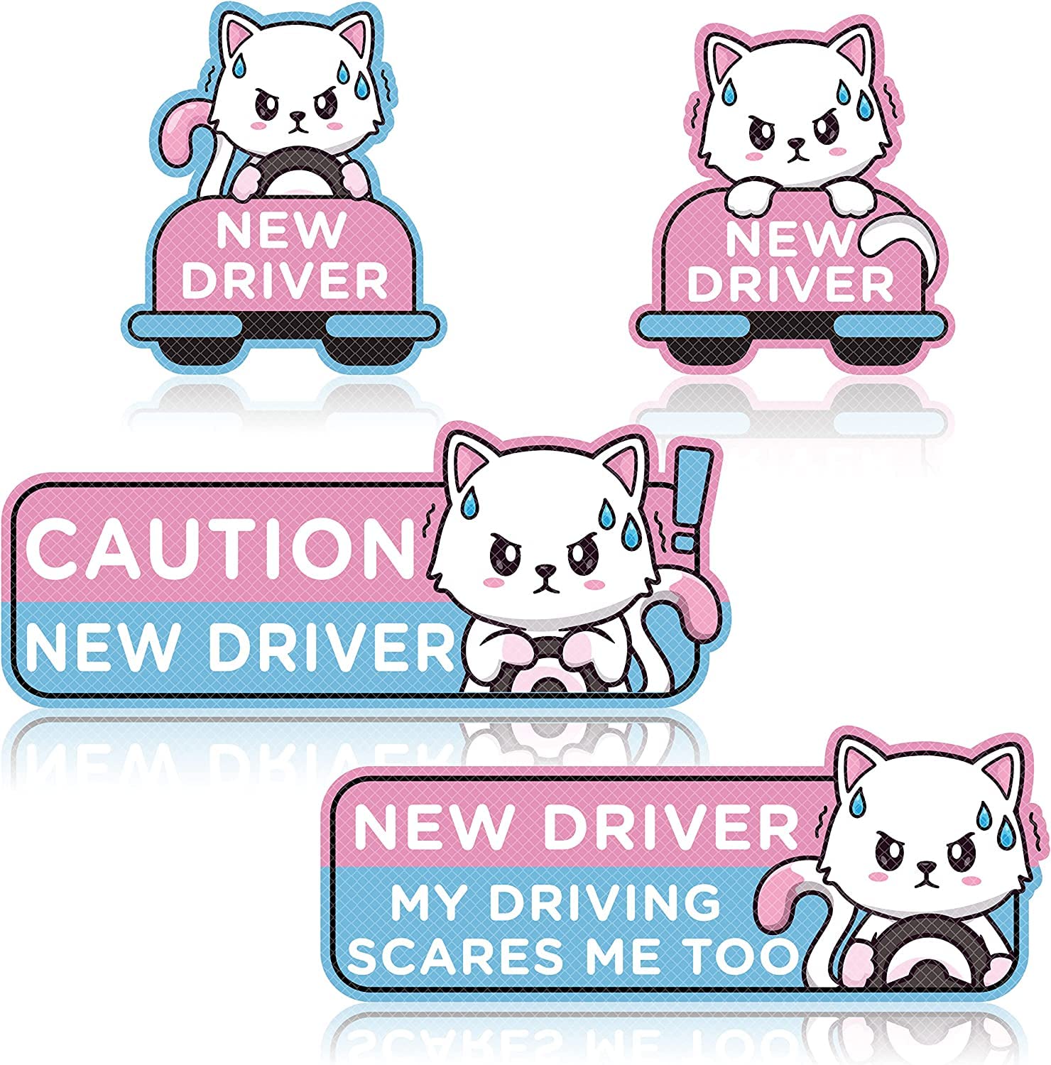 W1Cwey 4Pcs Cartoon Cat Student Driver Car Magnet, Cute New Driver Sign For Car Cartoon Reflective Student Driver Car Magnet Sticker Gift For Teen Reusable Car Bumper Safety Sign(Nervous Cat Patterns)
